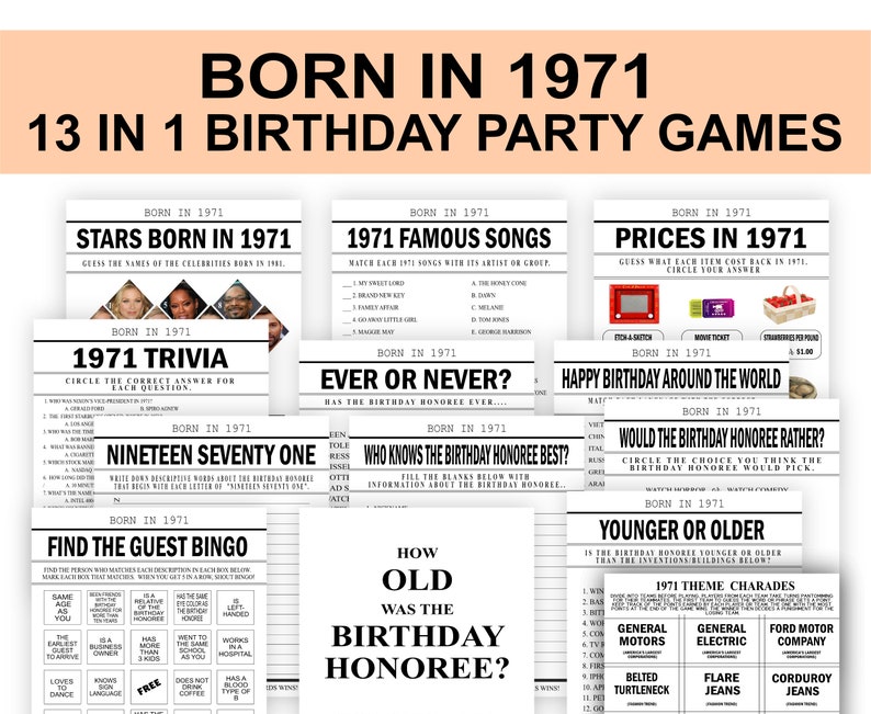 1971 Trivia Born In 1971 Birthday Game Birthday Games Bundle 50th Birthday Party Games 1971 Charades Fun 50th Birthday Party Printable Party Supplies Party Favors Games Dalasmaker Se