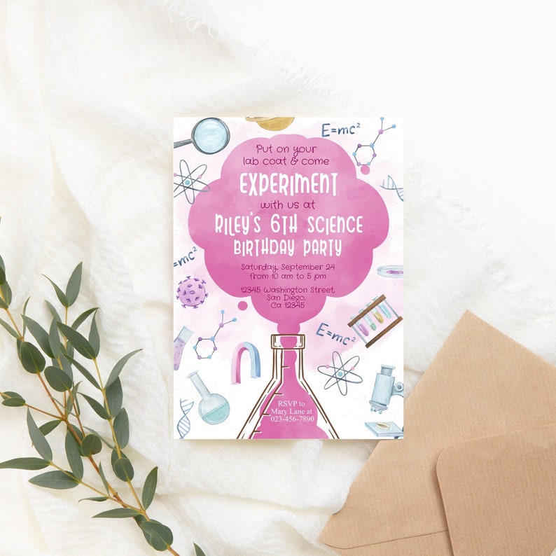 Editable Science Birthday Invitation Girl Pink Science Etsy