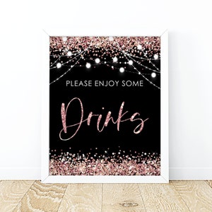 Rose Gold Black Drinks Sign Birthday Party Decor PRINTABLE Rose Gold Glitter Sweet Sixteen Drinks Sign Birthday Decoration Table Decor