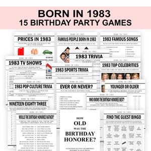 41st Birthday Party Games Born in 1983 Birthday Game Bundle 1983 Trivia fun 41st party activity PRINTABLE Digital Download Back in 1983 game