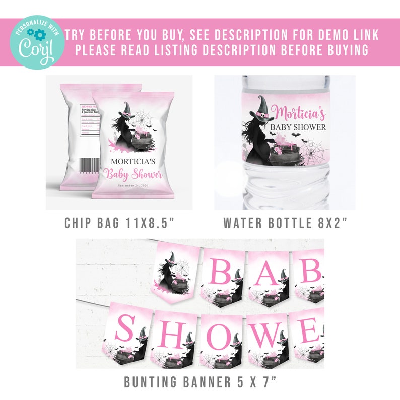Puede incluir: Un conjunto de imprimibles para fiesta de baby shower en rosa y negro con una bruja, un caldero y murci&eacute;lagos. El conjunto incluye una etiqueta para bolsa de patatas fritas, una etiqueta para botella de agua y una pancarta de banderines. El texto en las etiquetas dice "Baby Shower de Morticia". La pancarta de banderines deletrea "Baby Shower".