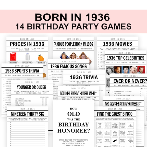 88th Birthday Party Games, Born in 1936 Birthday Game Bundle, 1936 Trivia, fun 88th birthday party, PRINTABLE DIGITAL DOWNLOAD