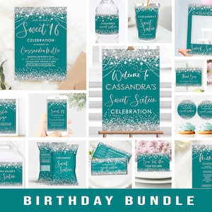 Bearbeitbare Petrol Silber Geburtstagseinladung Party Bundle Sweet Sixteen Feier Druckbare Party Paket Corjl Vorlage Digitaler Download