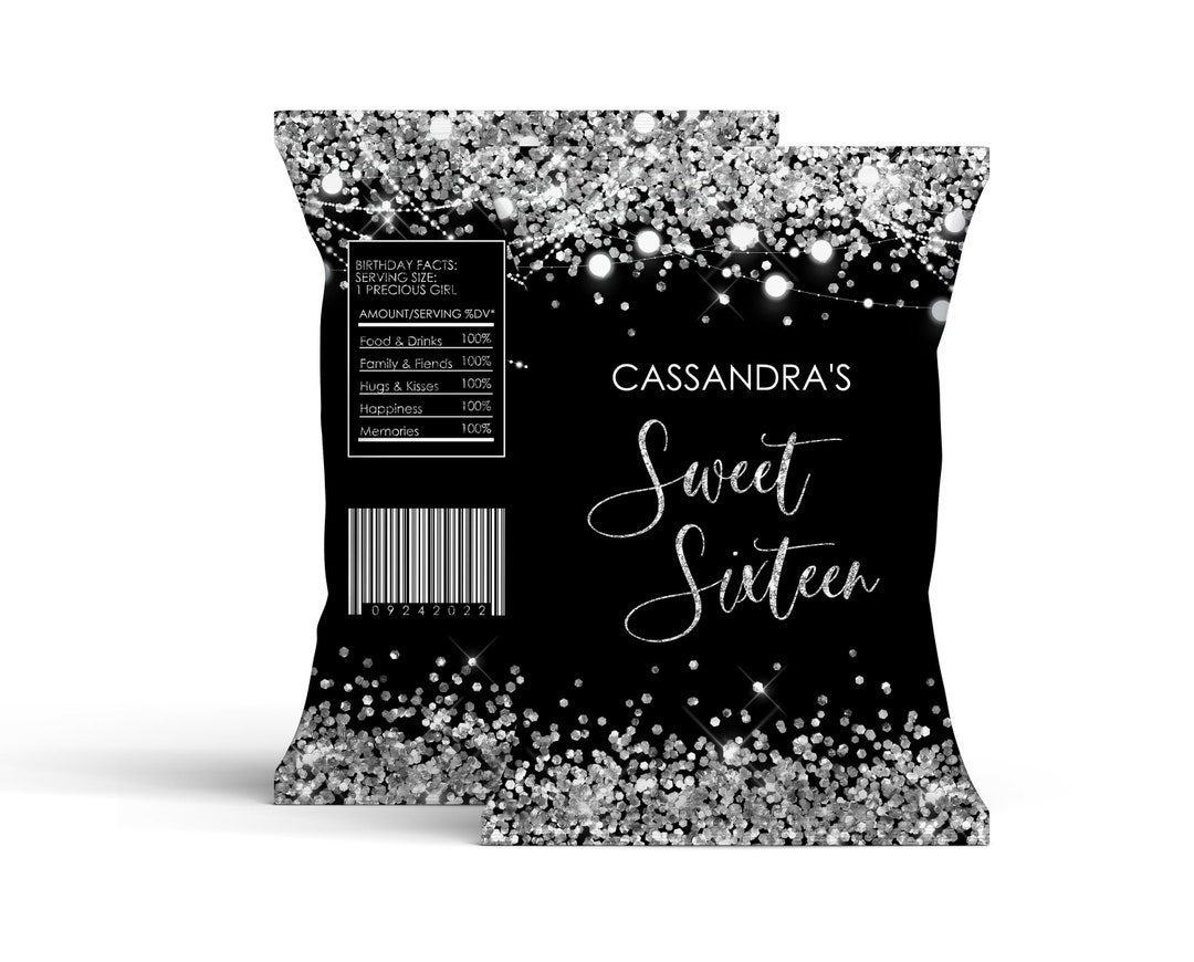 Editable Silver Black Chip Bag Label PRINTABLE Black Silver Glitter