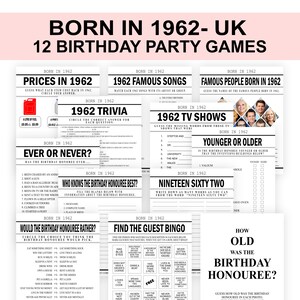 Born in 1962 Birthday Games Bundle 63rd Birthday Party Games British UK 1962 Trivia party games for men women Printable Digital Download
