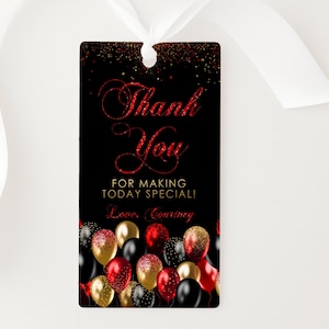 Red Black Gold Balloon Thank You Tag: Editable Birthday Favor (Digital Download)