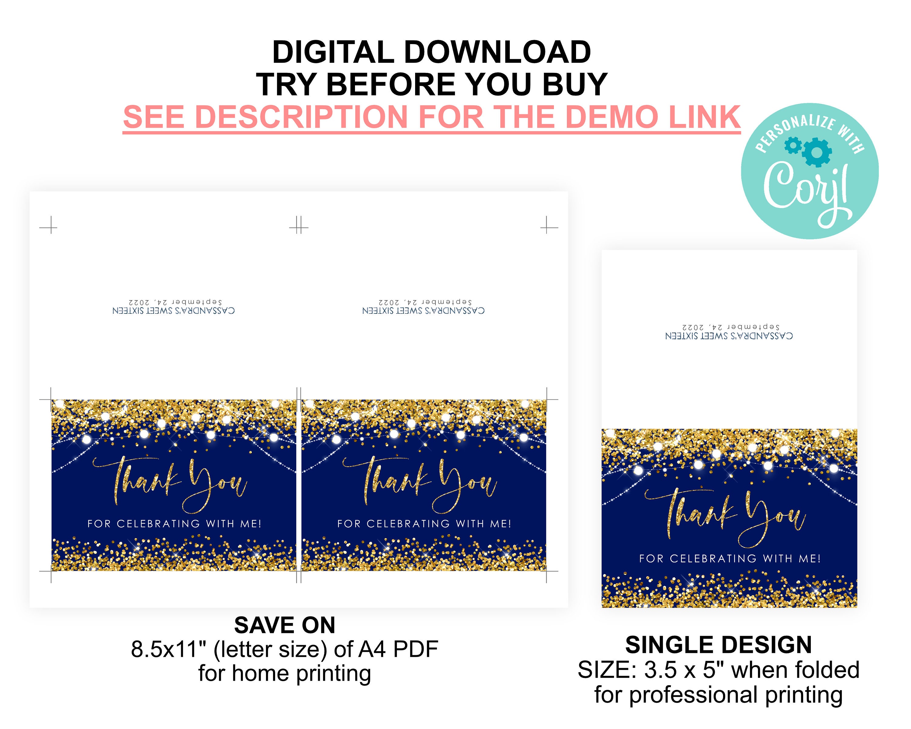 Editable Blue Gold Thank You Card PRINTABLE Gold Glitter - Etsy