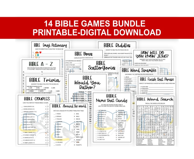 Bible Games Bundle, Bible Study Games, Bible Trivia, Bible Riddles, Bible Candy Name, Bible Couples, Bible Verses,PRINTABLE, Easter Games image 1