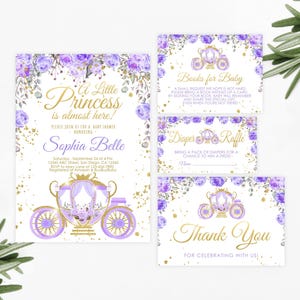 Editable Purple Princess Baby Shower Invitation Set PRINTABLE Carriage Floral Violet Invite Diaper Raffle Thank you card Book Corjl Template
