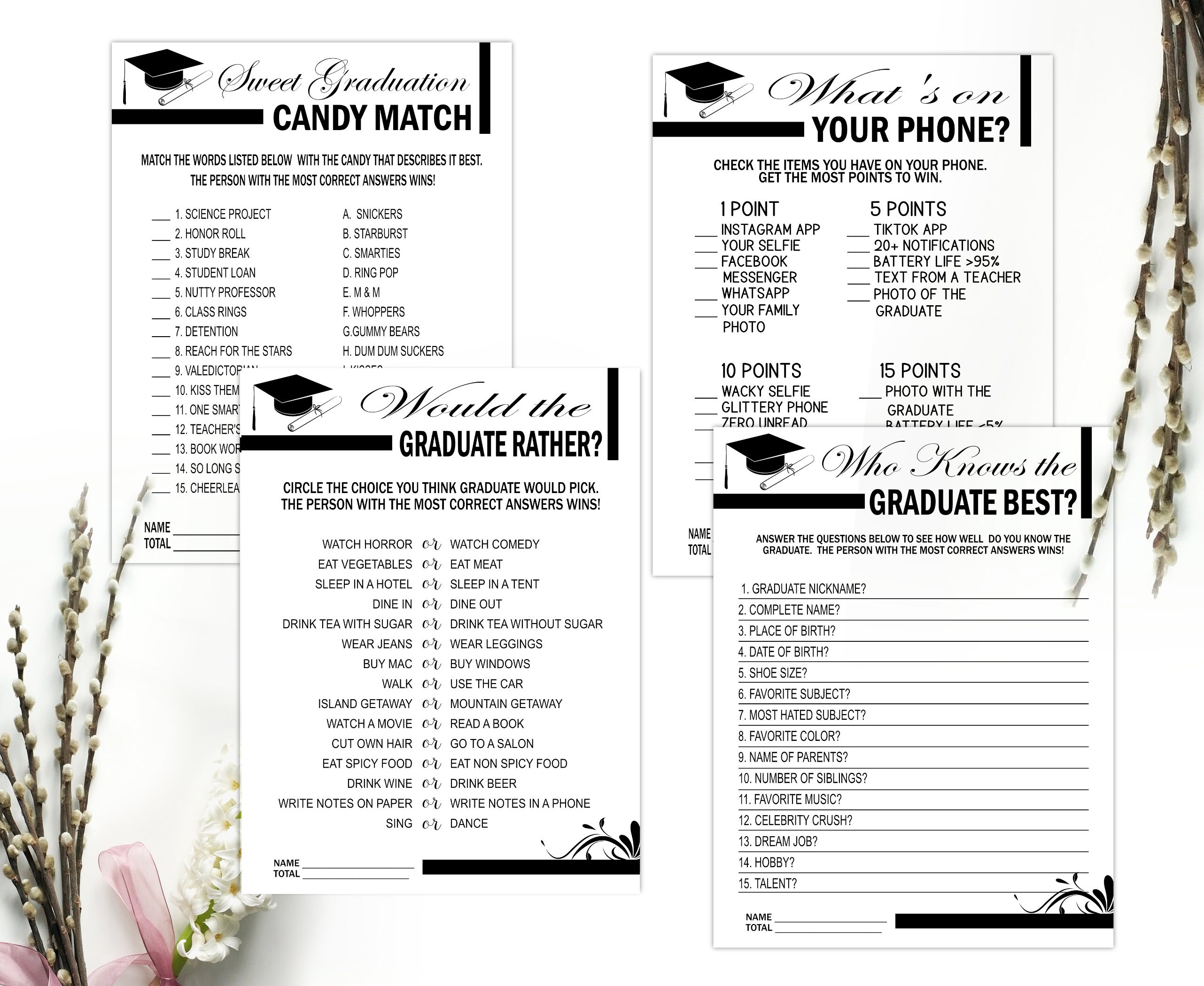 Black White Graduation Party Game Bundle Pack Printable Who - Etsy