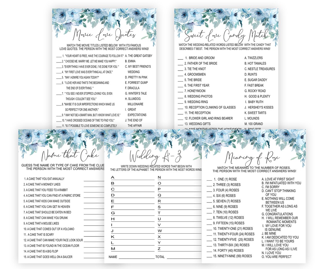 Bridal Shower Games Bundle Blue Floral Blue Flower Bridal Etsy