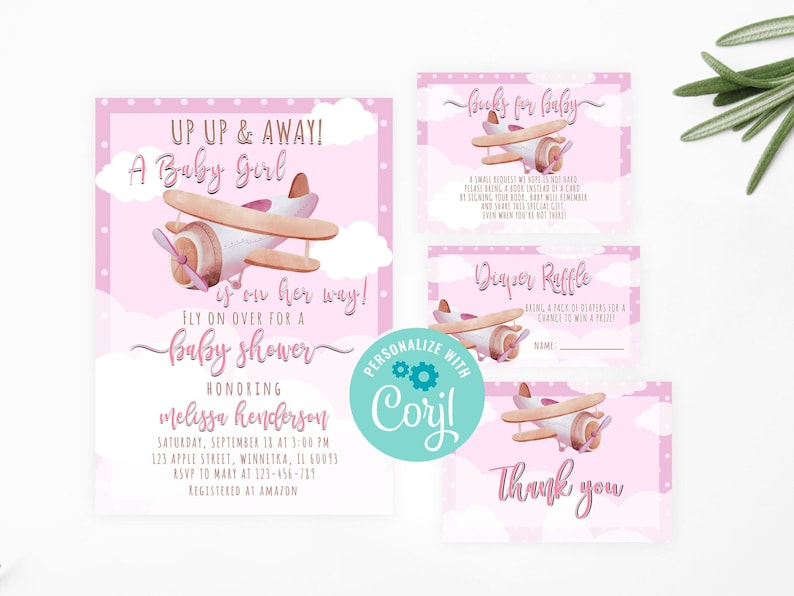Editable Airplane Baby Shower Invitation Set PRINTABLE Pink - Etsy