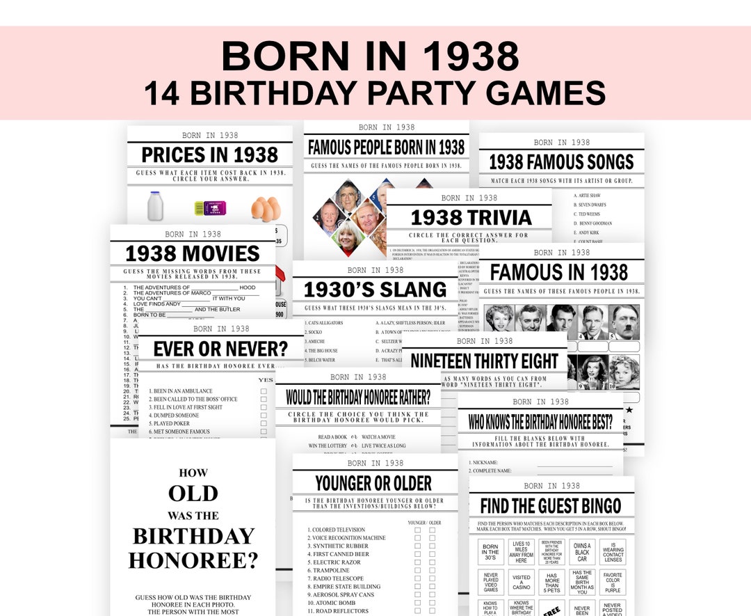 86th Birthday Party Games Born in 1938 Birthday Games Bundle 1938 ...