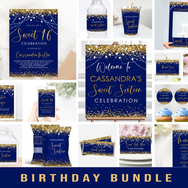 Modifiable Blue Gold Birthday Invitation Party Bundle Glitter sweet 16 invitation bleu Forfait imprimable Corjl Modèle Téléchargement numérique