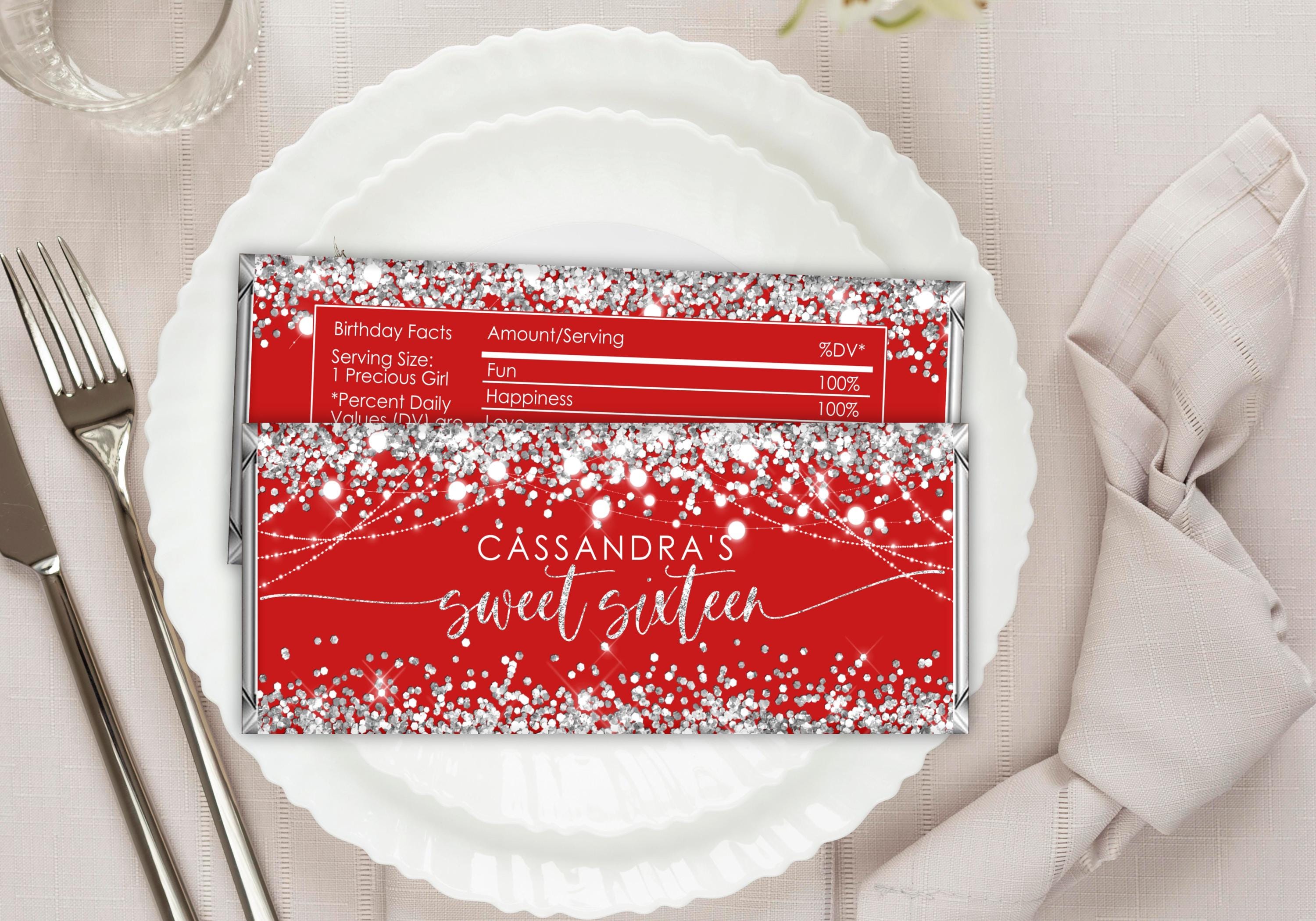 Wrapper Printable Red Candy Bar Wrapper Red and Silver, Editable Silver Red Birthday ...