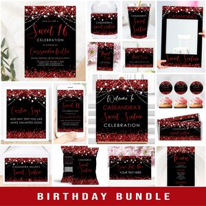Bearbeitbares Rot Schwarz-Geburtstags-Einladungs-Party-Bundle-Glitter-Sweet-Sixteen-Feier Druckbares Paket Corjl Vorlage Digitaler Download