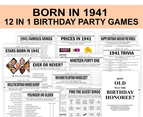 82nd Birthday Party Games Born in 1941 Birthday Game Bundle - Etsy