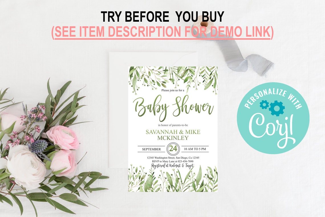 Editable Greens Baby Shower Invitation Greenery Leaves Baby Etsy
