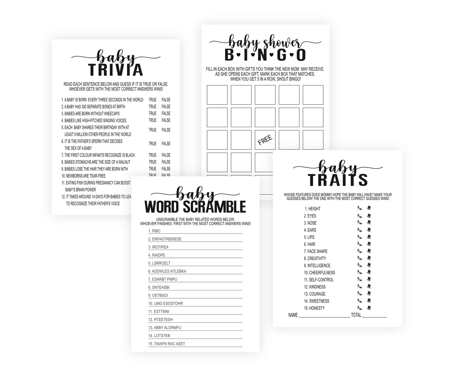 Plain White Baby Shower Game Bundle Minimalist Baby Shower Etsy