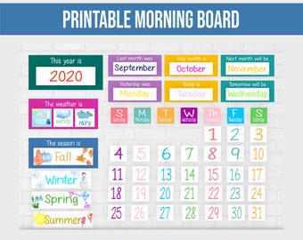 May include: Printable morning board with a calendar for October 2020, showing the days of the week, weather icons, and seasons. The board also includes labels for the year, month, day, and weather.