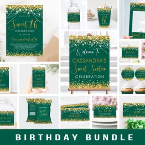 Gold Glitter Green Invitation Pack Gold Green Birthday Party Bundle Sweet Sixteen party Package Editable Corjl Template Digital Download