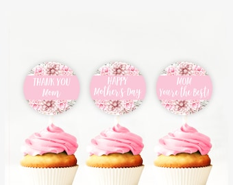 Mother's Day Cupcake Toppers ,Favor Tags, Digital Download, cupcake toppers, PRINTABLE, floral , pink, happy mother's day, label, gift tag
