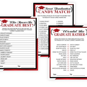 Puede incluir: Tres tarjetas de juego imprimibles para una fiesta de graduaci&oacute;n. La primera tarjeta es un juego de "&iquest;Qui&eacute;n conoce mejor al graduado?" con 15 preguntas sobre el graduado. La segunda tarjeta es un juego de "Dulce graduaci&oacute;n: &iexcl;Adivina el caramelo!" con 15 preguntas sobre el graduado y una lista de caramelos para que coincidan. La tercera tarjeta es un juego de "&iquest;Qu&eacute; preferir&iacute;a el graduado?" con 15 preguntas sobre el graduado y dos opciones para cada pregunta.