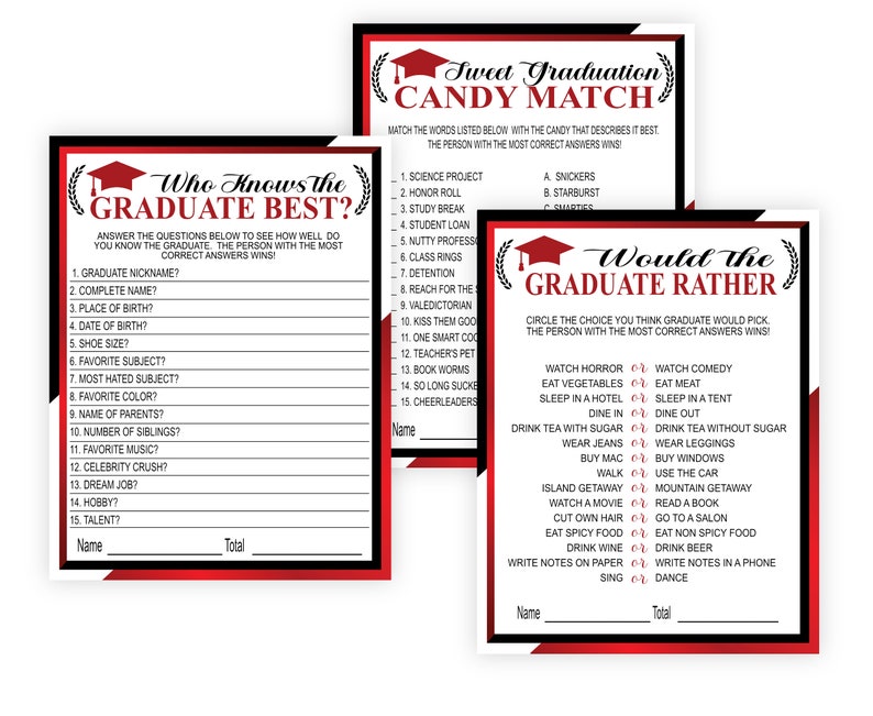 Puede incluir: Tres tarjetas de juego imprimibles para una fiesta de graduaci&oacute;n. La primera tarjeta es un juego de "&iquest;Qui&eacute;n conoce mejor al graduado?" con 15 preguntas sobre el graduado. La segunda tarjeta es un juego de "Dulce graduaci&oacute;n: &iexcl;Adivina el caramelo!" con 15 preguntas sobre el graduado y una lista de caramelos para que coincidan. La tercera tarjeta es un juego de "&iquest;Qu&eacute; preferir&iacute;a el graduado?" con 15 preguntas sobre el graduado y dos opciones para cada pregunta.