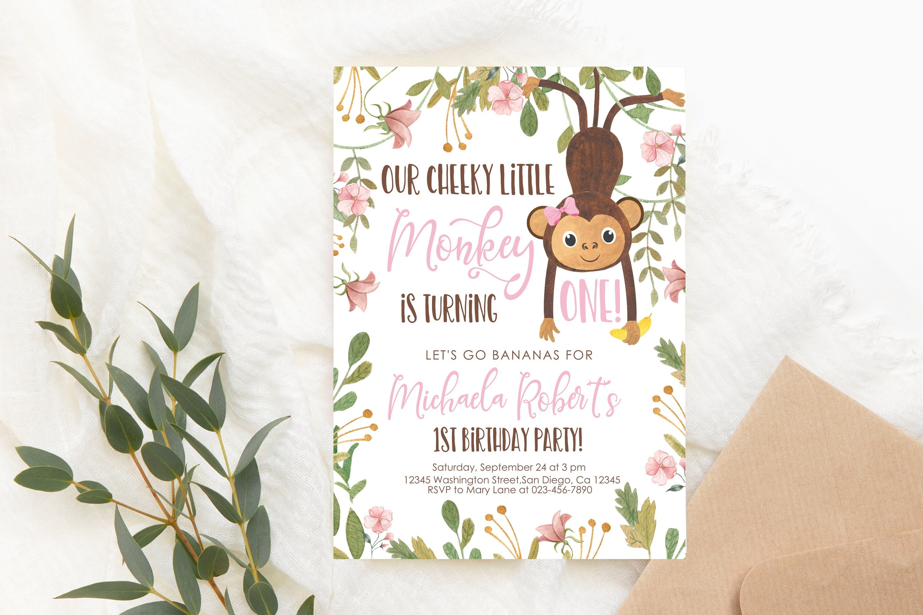 Editable Monkey Birthday Invite Pink Girl Monkey Invitation