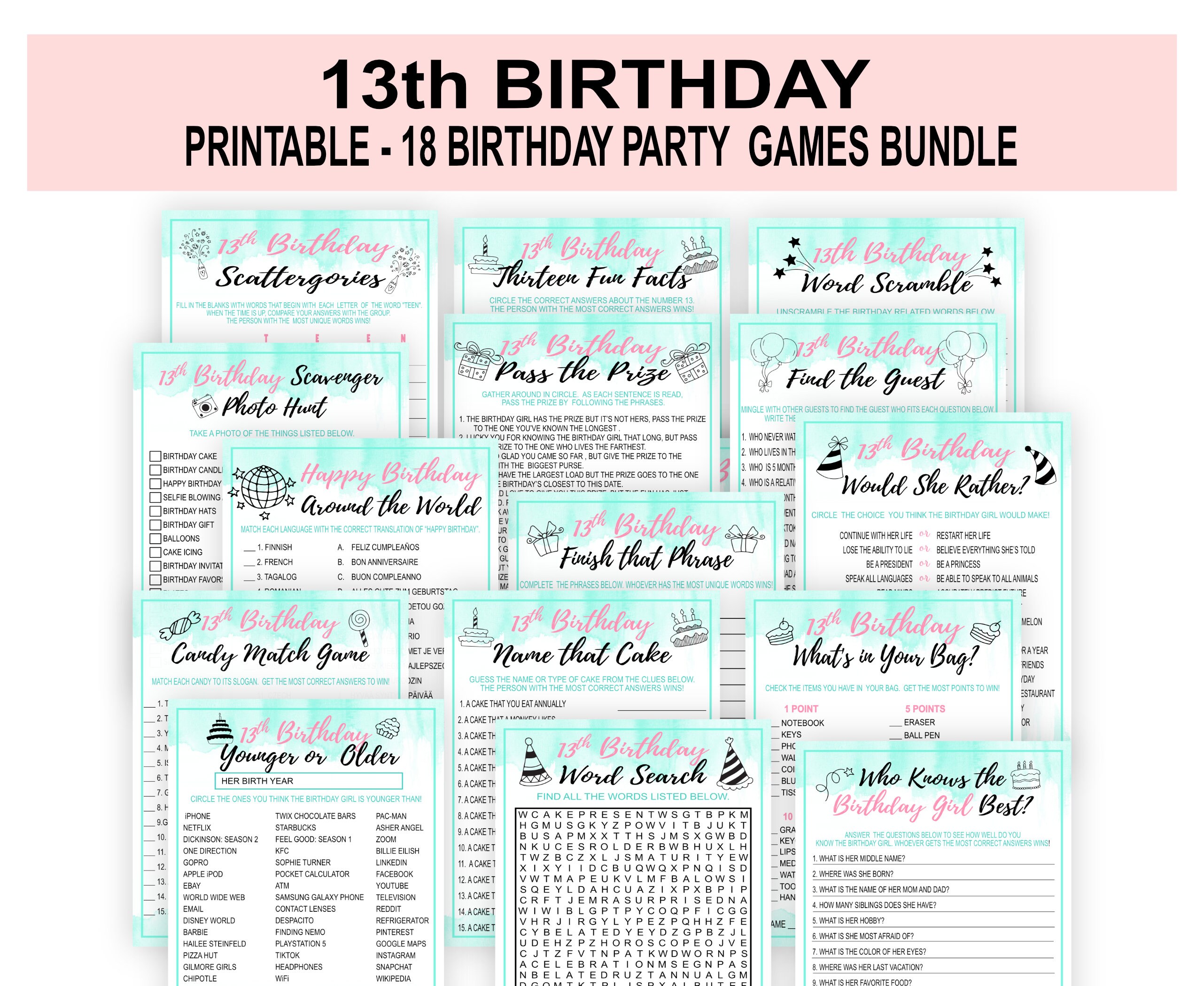 13th Birthday Party Games for girls, Thirteenth Birthday Game, Birthday Party Games for Teens, Fun Birthday Games, Birthday Girl, PRINTABLE