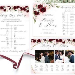 May include: Wedding day timeline with burgundy and pink floral design. The timeline includes the ceremony, photos, cocktail hour, dinner, first dance, cake, bouquet toss, and party. The text reads "Wedding Day Timeline" and "Henesy & Steven".
