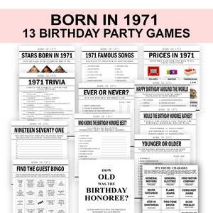 May include: A set of 13 printable birthday party games for people born in 1971. The games include trivia, bingo, charades, and more. The games are black and white with a retro design.