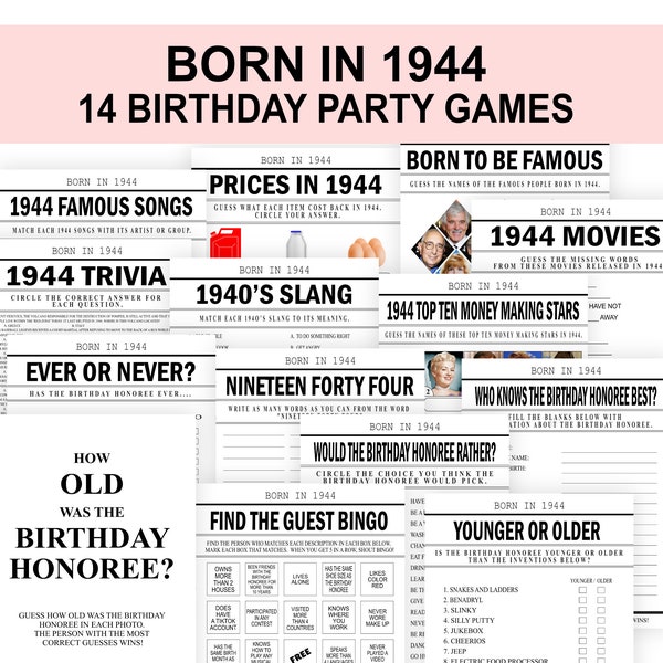 80th Birthday Party Games Born in 1944 Bundle Games Fun 80th Birthday Activity Idea PRINTABLE Digital Download 1943 Trivia -- US Version