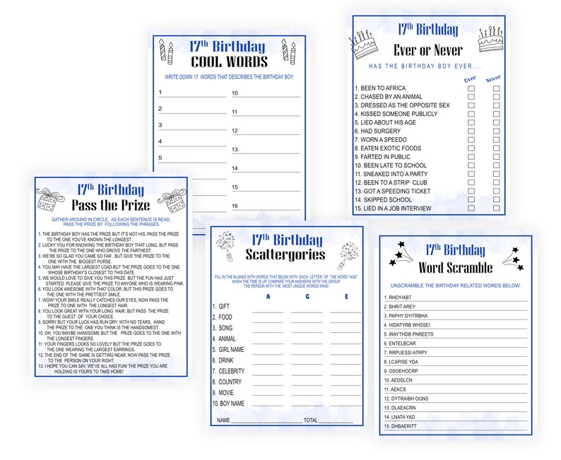 17th Birthday Party Games for Men Seventeenth Birthday Game - Etsy