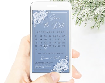 Editable Dusty Blue Save the Date Card Evite Template Blue Floral Save the Date Wedding Digital Download PRINTABLE Corjl Template