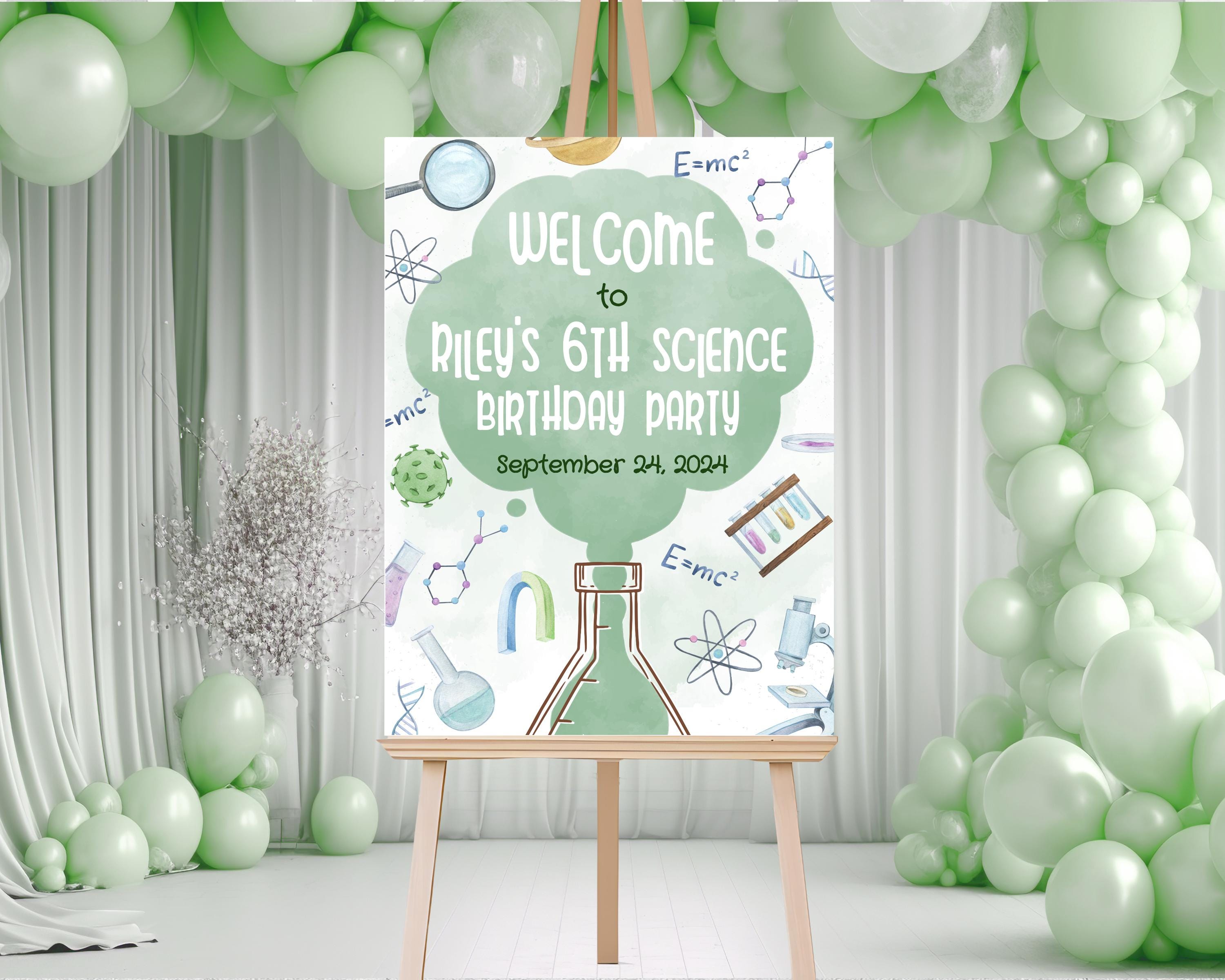 Science Greetings Editable Science Welcome Sign, Green Science Birthday Party Welcome ...