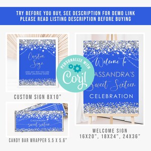 Editable Royal Blue Silver Birthday Invitation Bundle Glitter Sweet 16 ...
