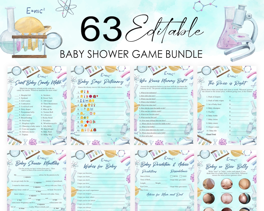 Editable Science Baby Shower Games Bundle Blue Scientist Einstein Baby Shower Game Pack Fun