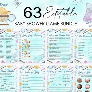 May include: A set of 63 printable baby shower game cards with a science theme. The cards feature a blue and pink color scheme with illustrations of beakers, test tubes, and a microscope. The text on the cards includes "E=mc²", "Sweet Baby Candy Match", "Baby Emoji Dictionary", "Who Knows Mommy Best?", "The Price is Right", "Baby Shower Mad Libs", "Wishes for Baby", "Baby Prediction & Advice", and "Baby or Beer Belly".