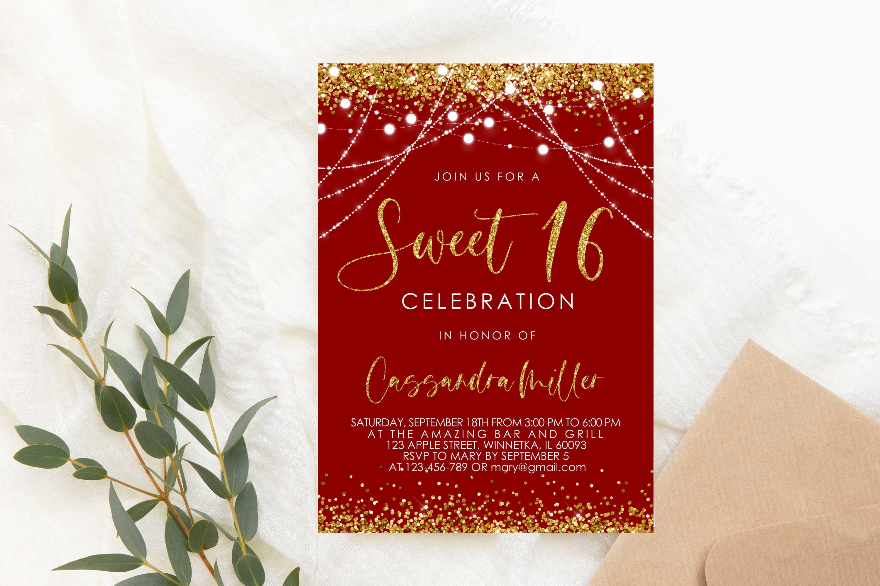 Editable Sweet Sixteen Birthday Invitation PRINTABLE Red Gold - Etsy