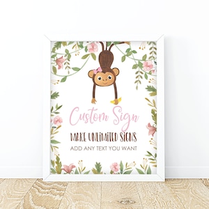Editable Monkey Party Sign Decor Girl Baby Shower Birthday Party Decorations Girl Monkey Table Sign Pink Flower Digital Corjl Temlate