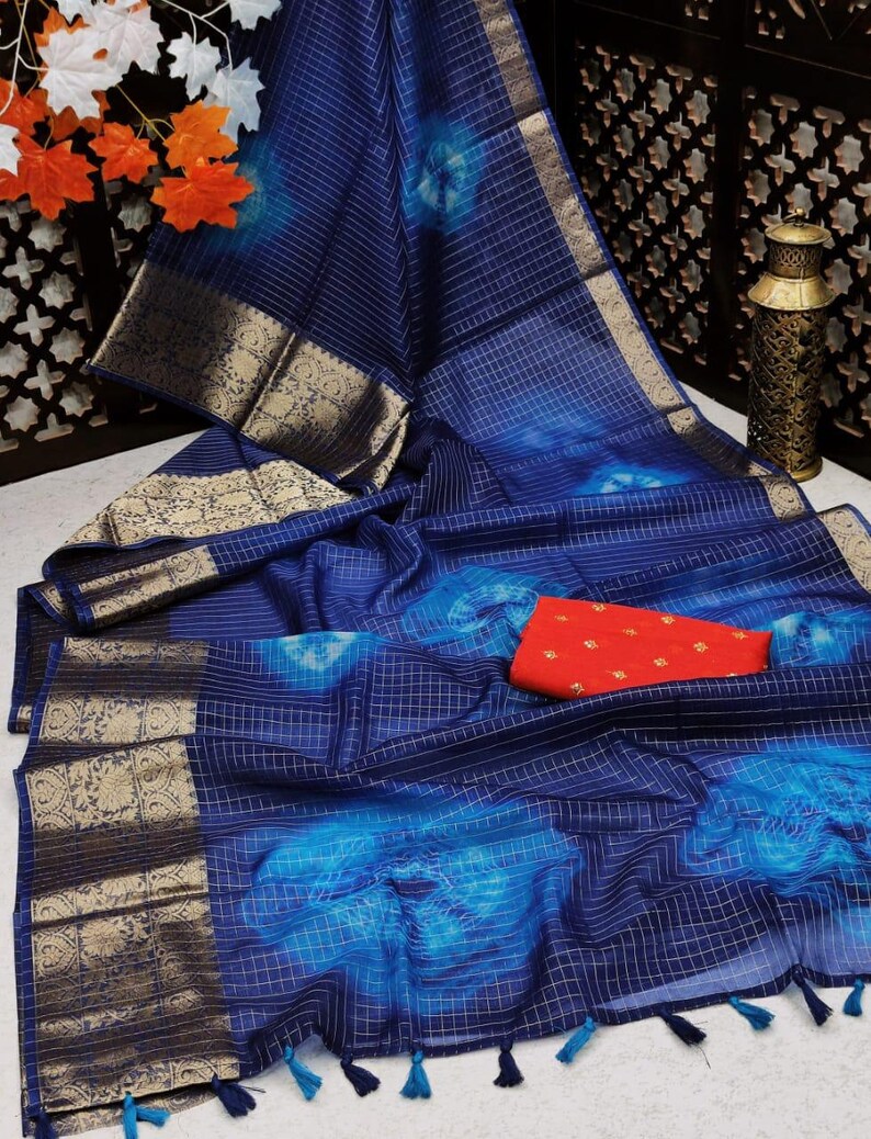 Beautiful Pure Organza Silk Shibori Printed Saree With Unstitched Contrast Sequence Work Blouse For Women Wedding Wear Party Wear Sari