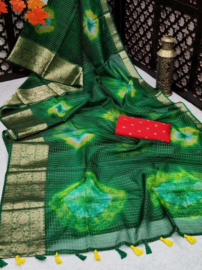 Beautiful Pure Organza Silk Shibori Printed Saree With Unstitched Contrast Sequence Work Blouse For Women Wedding Wear Party Wear Sari