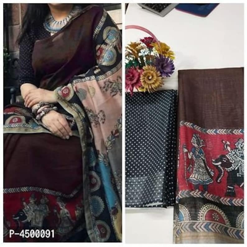 Beautiful Linen Cotton Kalamkari saree With Unstitched Running Blouse For women wedding wear party Wear Festive Wear sari