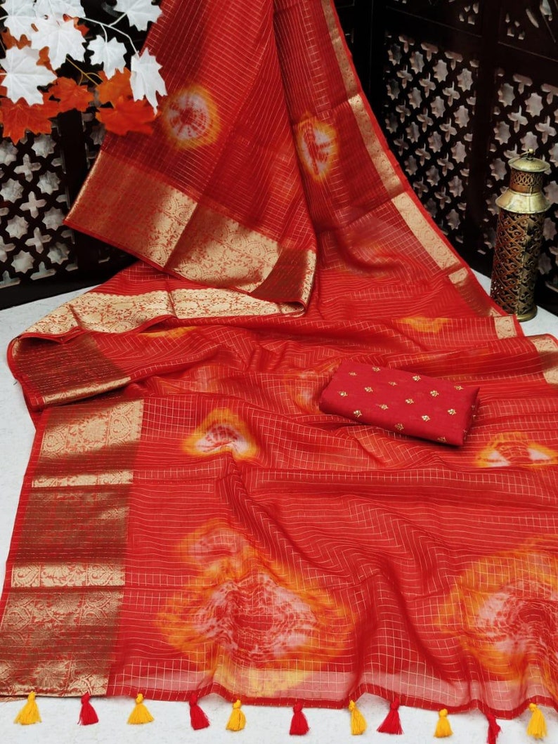 Beautiful Pure Organza Silk Shibori Printed Saree With Unstitched Contrast Sequence Work Blouse For Women Wedding Wear Party Wear Sari