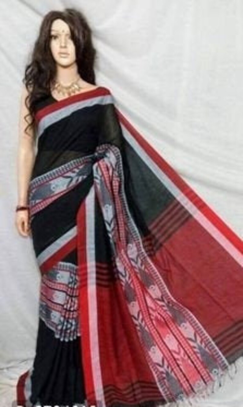 Pure Handloom Khadi Cotton Fish Motif Saree With Unstitched Running Blouse For Women Wear Wedding Wear Party Wear Sari