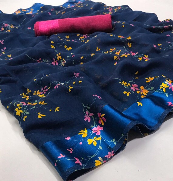 Blue Linen Silk Floral Printed Saree With Unstitched Running | Etsy