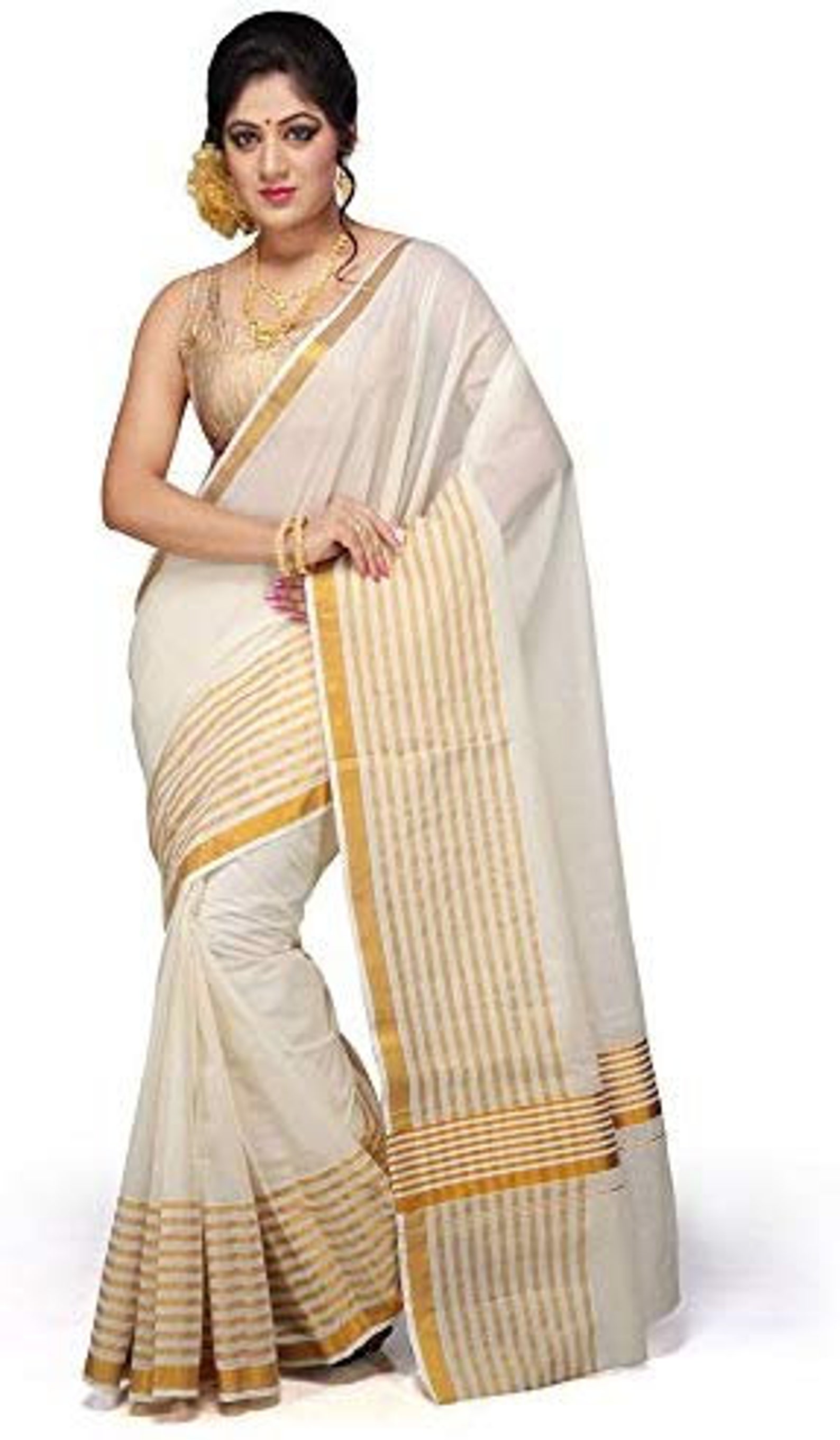 Designer White Cotton Kasava Kerala Saree With Unstitched Etsy 
