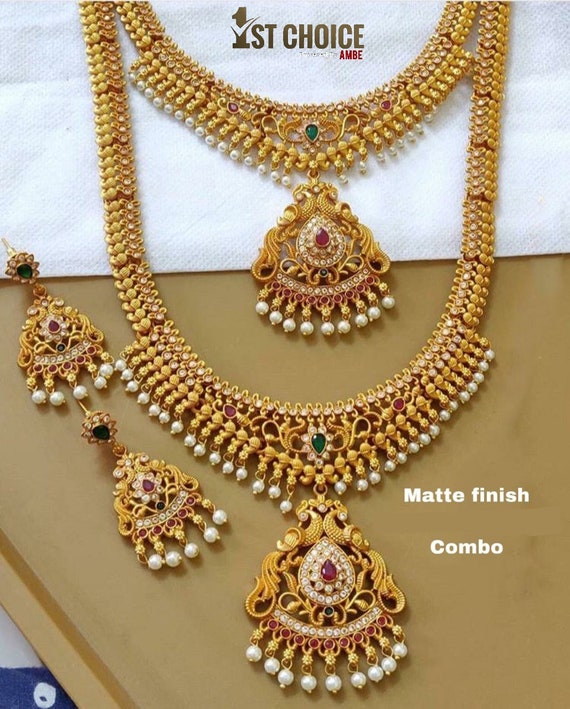 Traditional Indian Golden Necklace & Earrings Jewelry Set For | Etsy