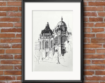 Budapest portrait in Pen and Ink. Custom Pen Renderings. Architecture print. Sketch drawing. Wall art prints. Ink sketch. Travel gift